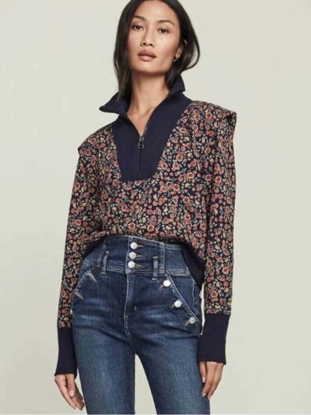 Veronica Beard Dylan Floral Half-Zip Pullover